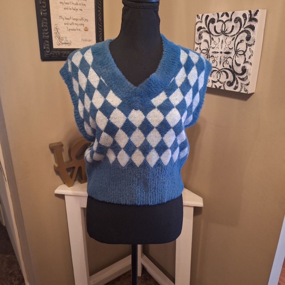 Sincerely Jules argyle preppy fuzzy sweater vest xs small med - Picture 10 of 16
